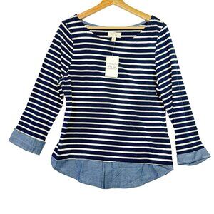 Per Se Cotton Layered Look Striped Pullover Tunic Top Size M Blue Cream NWT